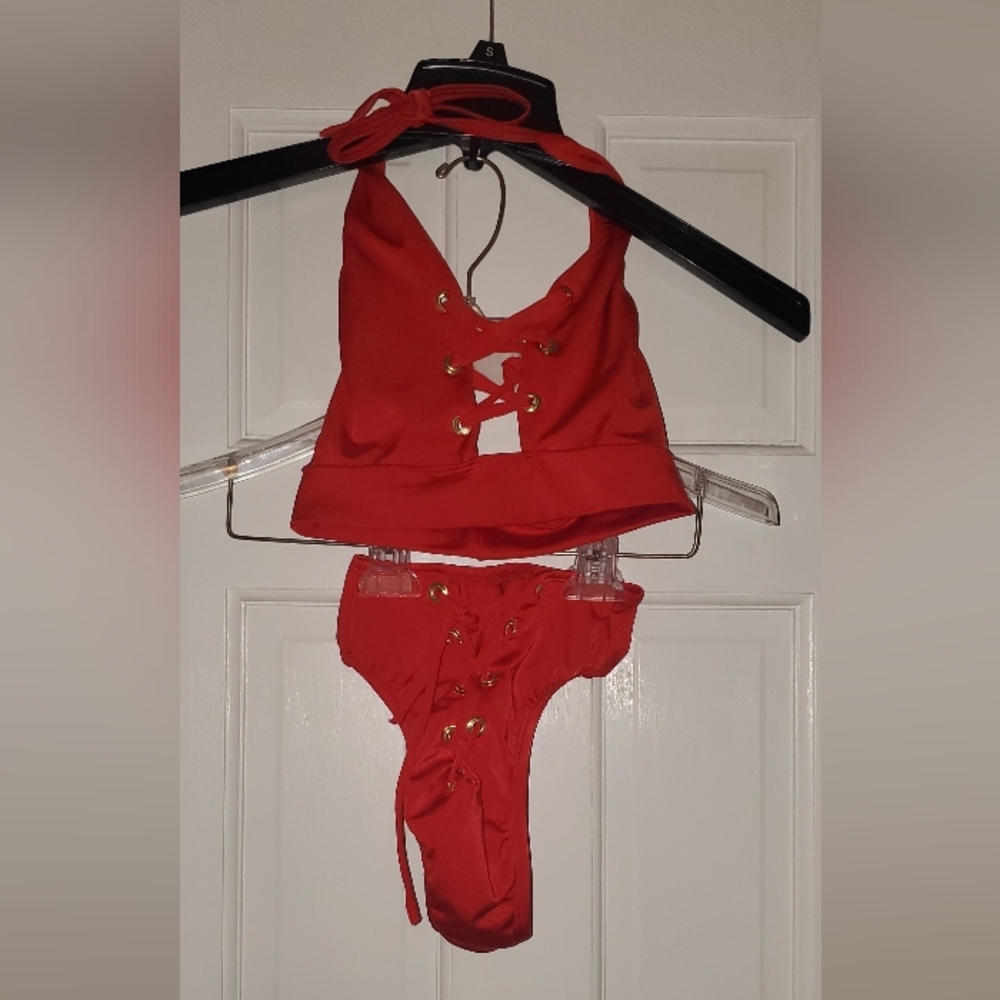Two pieces lace up S Bartender Outfit dancer and swimsuit High Waisted